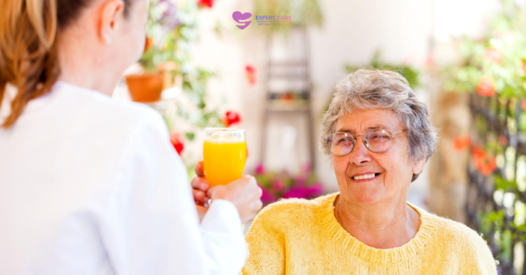 A live-in carer supporting an elderly individual during the evening routine, ensuring comfort and safety before bedtime.