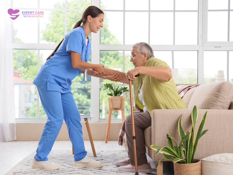 Professional caregiver assisting an elderly person with daily tasks as part of live-in care services