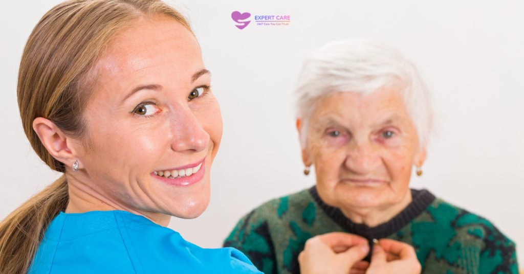 Live-in caregiver assisting an elderly person with daily activities at home