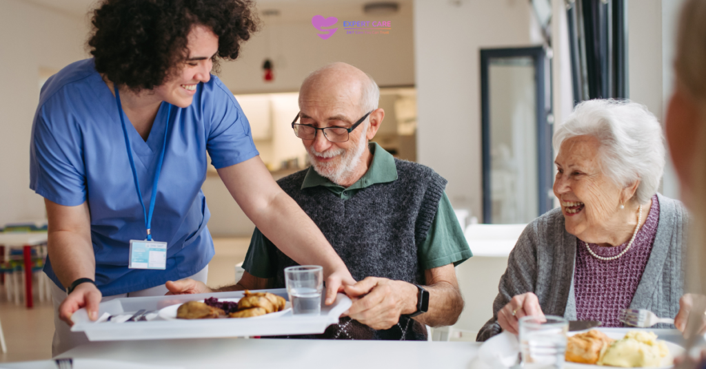 Family discussing dementia live-in care options with a professional caregiver