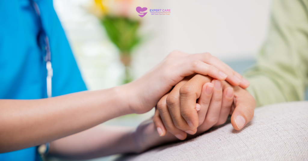 Family discussing home care options for elderly relative with a professional caregiver