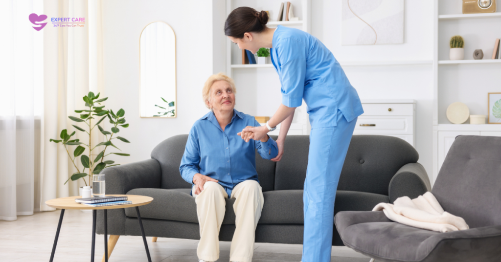 caregiver helping elderly at home